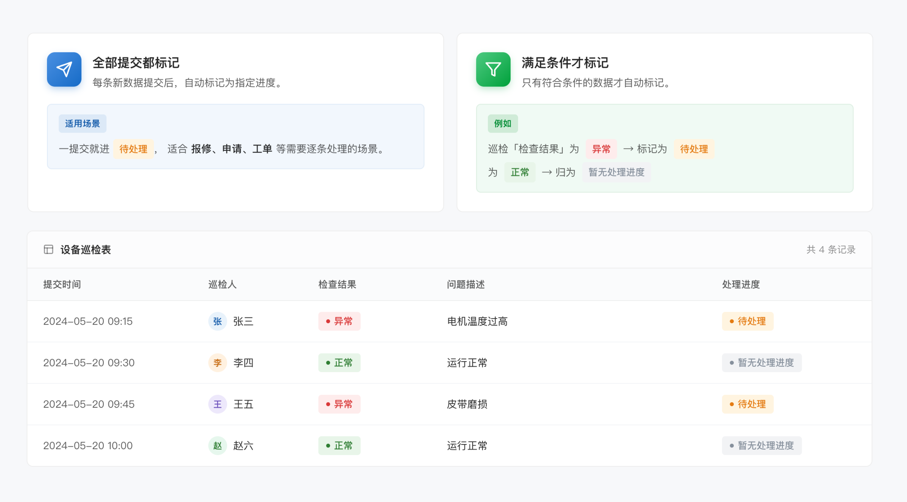 处理进度新增自动更新进度规则：按提交内容自动判断是否标记